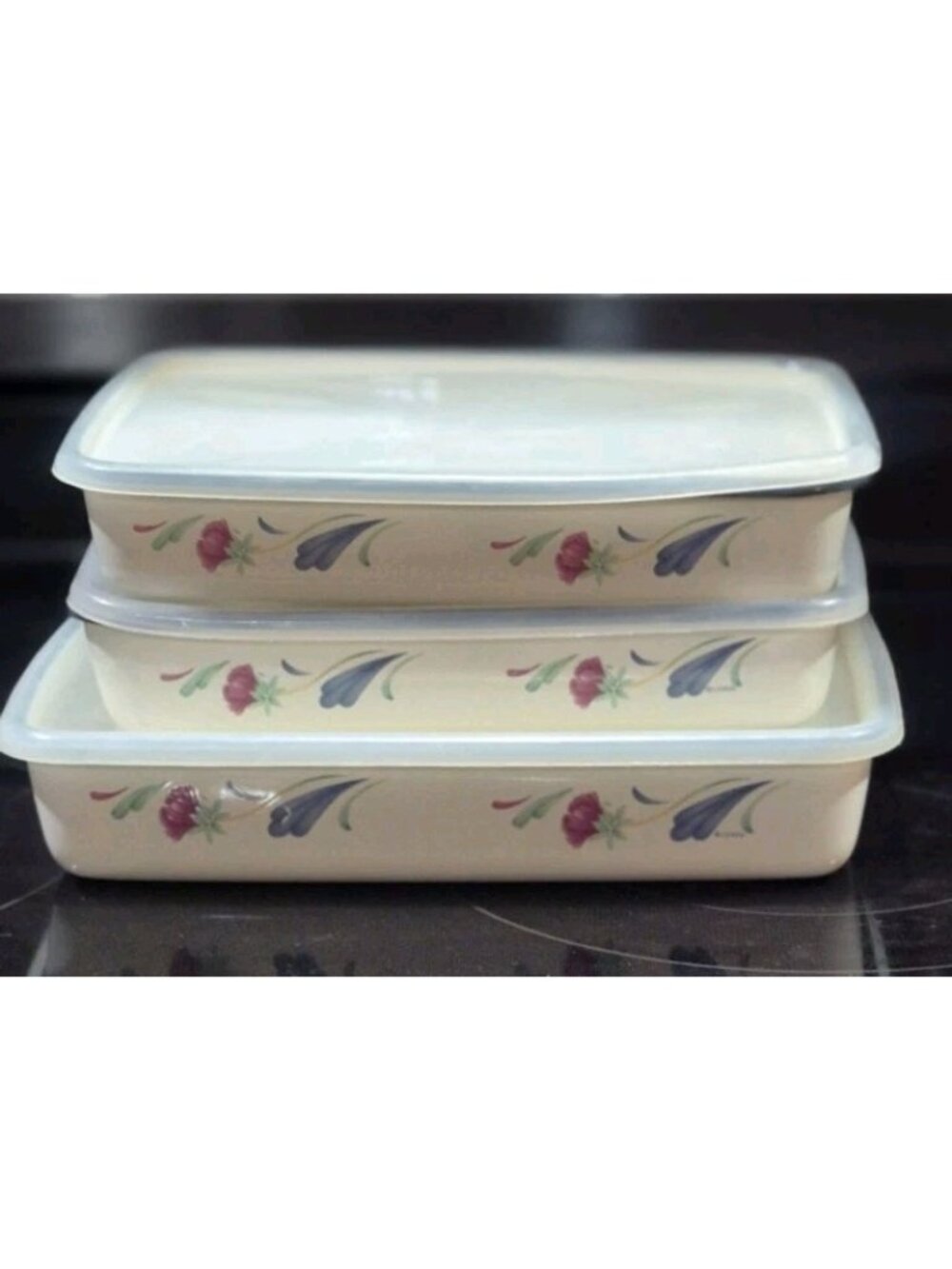 Set Of (3) Lenox Poppies on Blue Rectangle Metal Baker Casserole Dishes W/ Lids